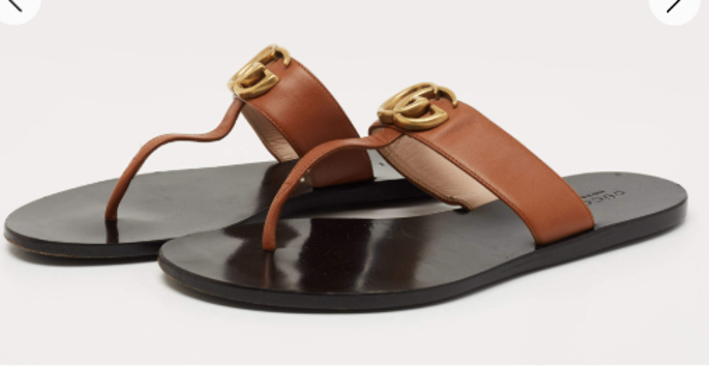 Gucci Leather GG Marmont Thong Flat Sandals Brown Black Women's Size EU 37